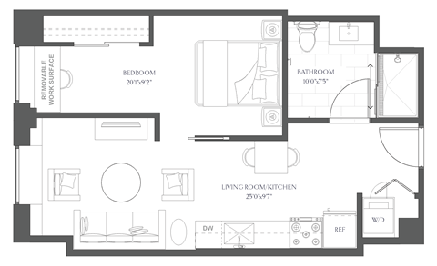 Floor plan for 1 bed, 1 bath, 566 sqft